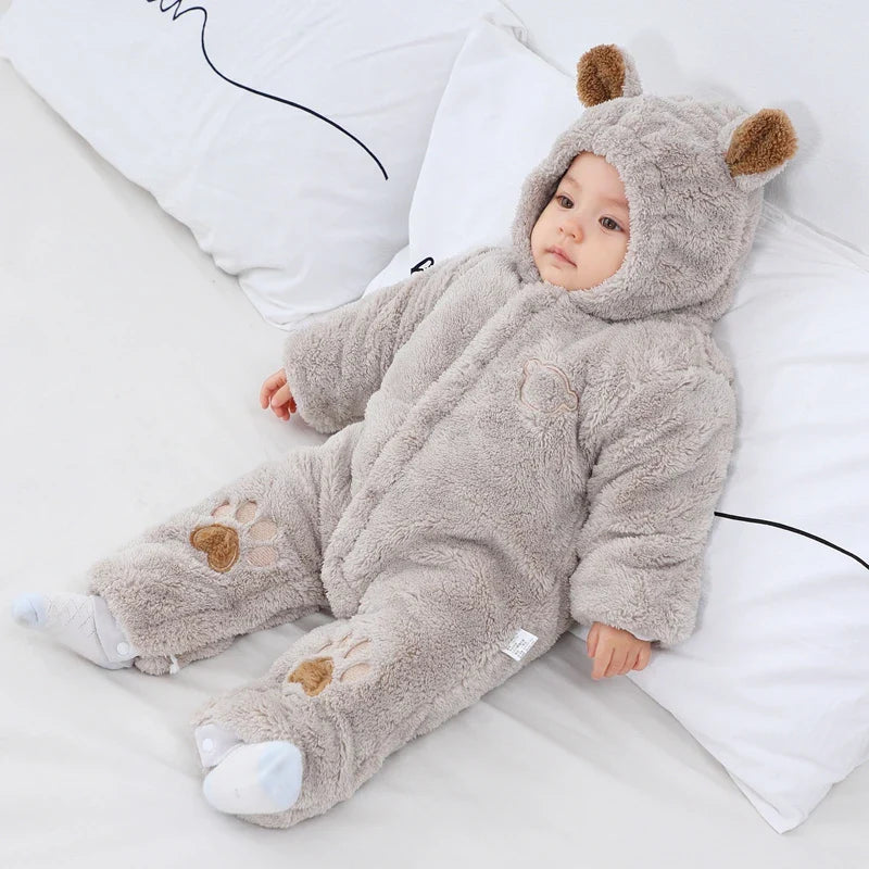 Winter Hooded Baby Romper with Ears Thick Cotton Suit-0